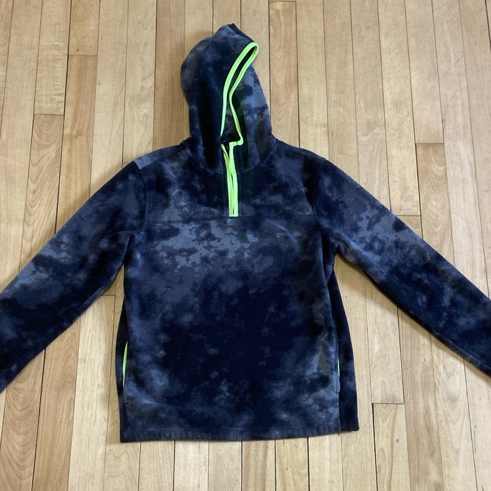 Boys  L 10 12 Old Navy Fleece Pullover Black & Grey  1/4 Zip with Hood & Pockets